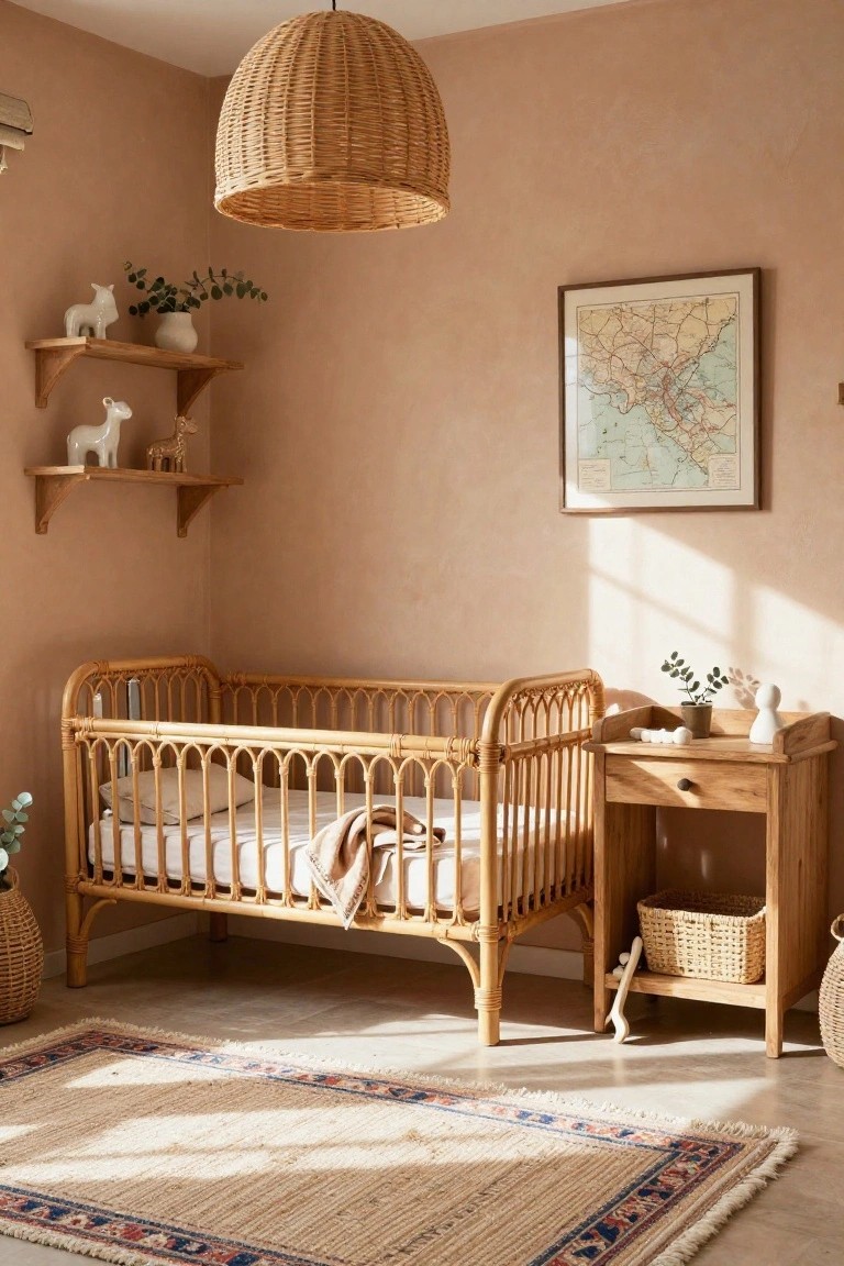 Nursery room with terracotta walls, rattan crib, wooden changing table and shelves holding white ceramic animals and plants, woven pendant light overhead, and a framed map on the wall.