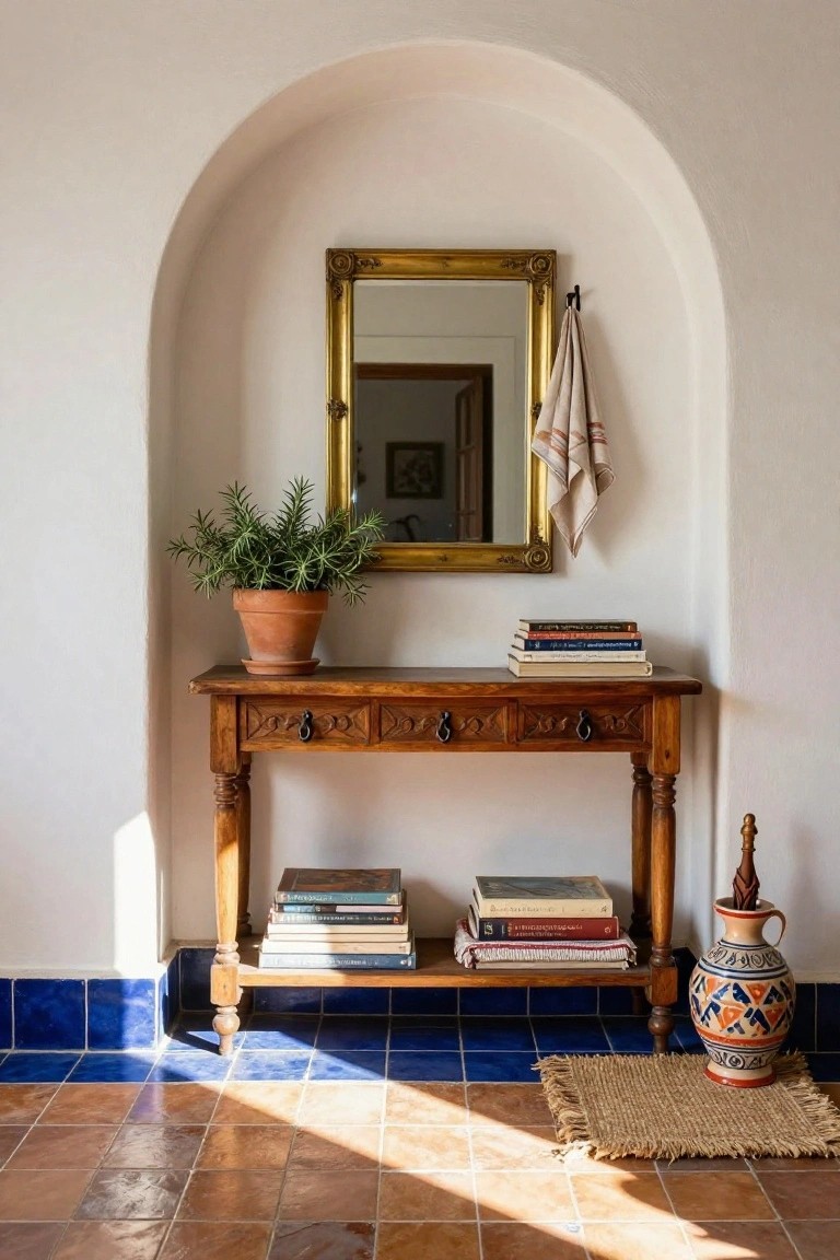 Arched white wall niche with gold-framed mirror, wooden console table holding stacked books and terracotta potted plant, linen towel draped nearby, terracotta jug on blue-tiled base and terracotta floor with seagrass rug.