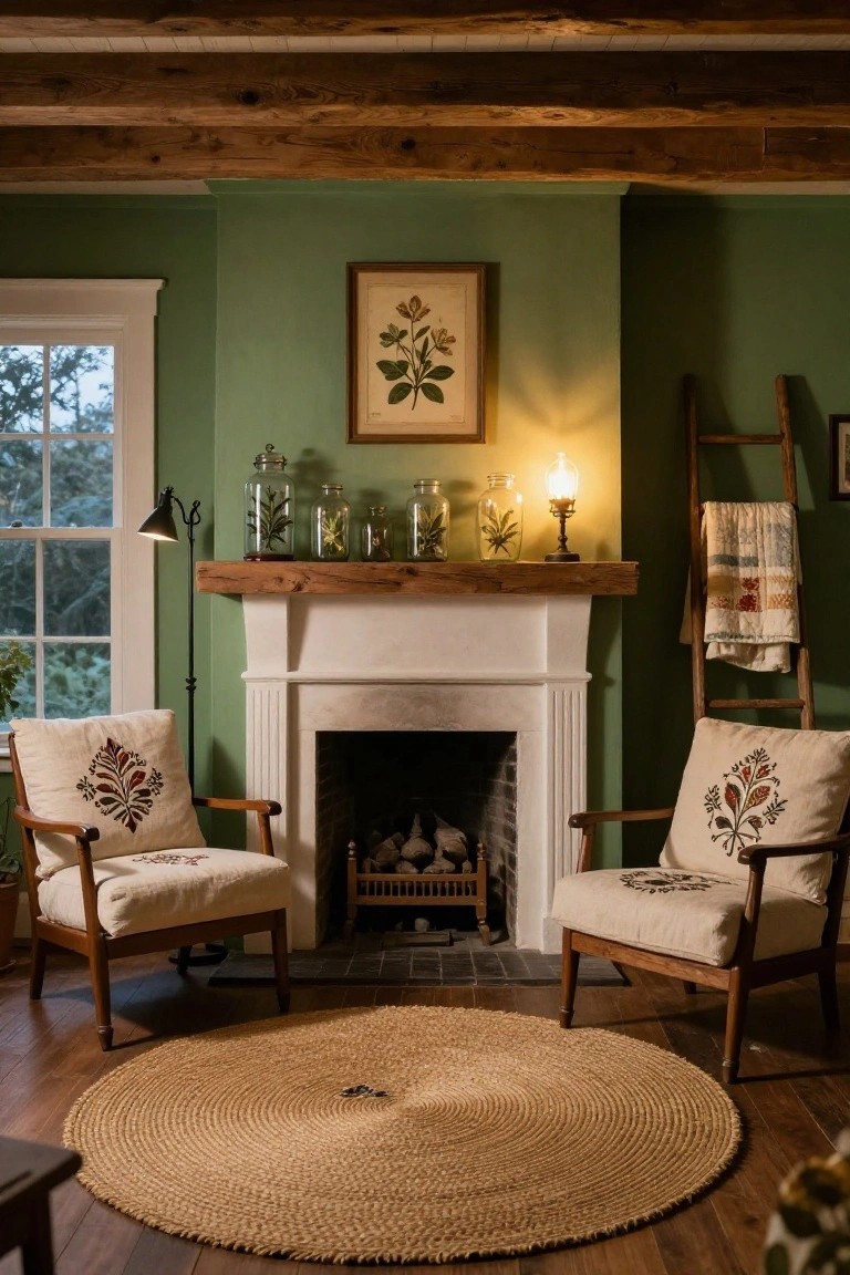 Sage green living room with exposed wood beams, white fireplace mantel topped with glass jars of botanicals and a candle lamp, two embroidered slipcovered wooden armchairs on a large round seagrass rug facing the hearth, wooden ladder holding a quilt, adjustable lamp, and window showing trees outside.