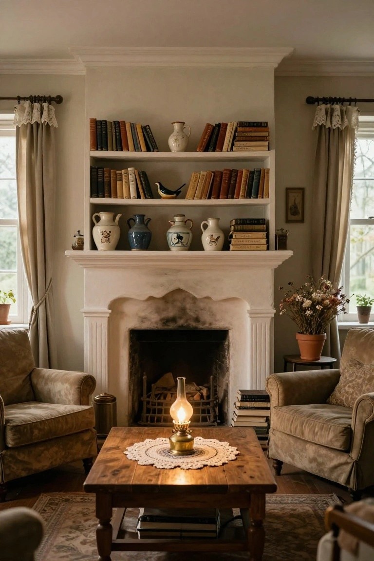 Cozy living room featuring a carved white stone fireplace flanked by white bookshelves filled with books, pottery vases, and small decorative items, with two beige armchairs, a wooden coffee table holding an oil lamp and doilies, and large curtained windows.