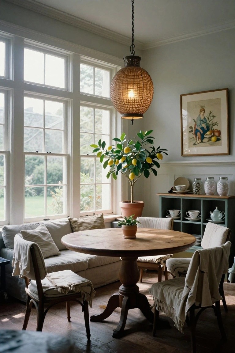 Sunlit interior dining nook with large multipaned windows overlooking greenery, tall potted lemon tree, round wooden pedestal table, upholstered chairs with draped white linens, rattan pendant light, and green sideboard with dishware.