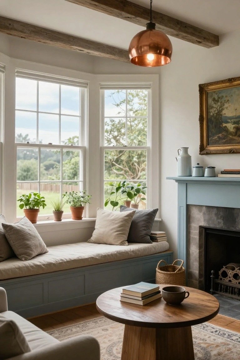 Bay window nook in a living room with built-in cushioned bench on blue base, potted plants on sill, pillows, round wooden coffee table nearby, and turquoise fireplace mantel.