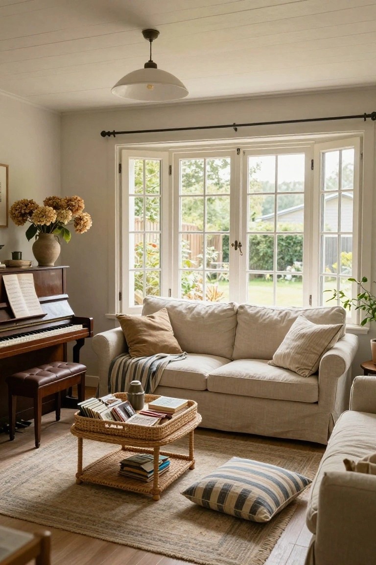 Light-filled living room corner featuring a brown upright piano with sheet music, adjacent beige linen sofa with pillows and throw, wicker tray table with stacked books, large multi-pane garden windows, and potted plants.