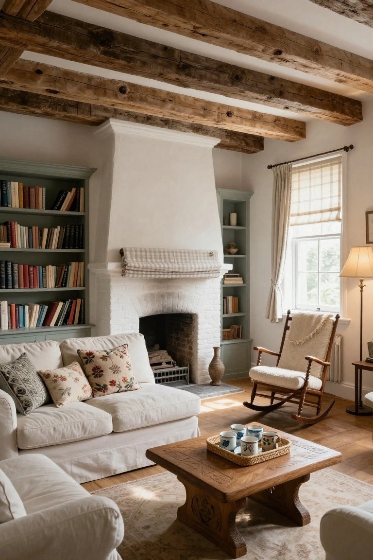 Cozy living room with dark exposed wooden ceiling beams, white brick fireplace surrounded by sage green bookshelves filled with books, white sofa with floral pillows, carved wooden coffee table holding a tray of cups, rocking chair, and window with sheer curtains.