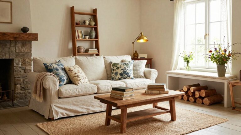 Cozy living room corner with cream slipcovered sofa topped by assorted floral pillows and knit throw, rustic wooden coffee table stacked with books, stone fireplace, wooden bookshelves, and soft natural light from windows.