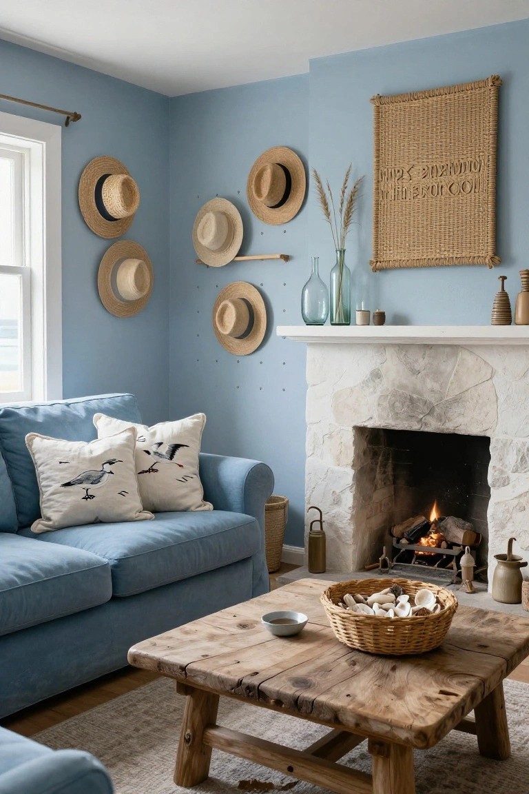 Light blue living room with stone fireplace, blue sofa with white bird-embroidered pillows, rustic wooden coffee table with shell-filled basket, and multiple straw hats hanging on walls near a window.