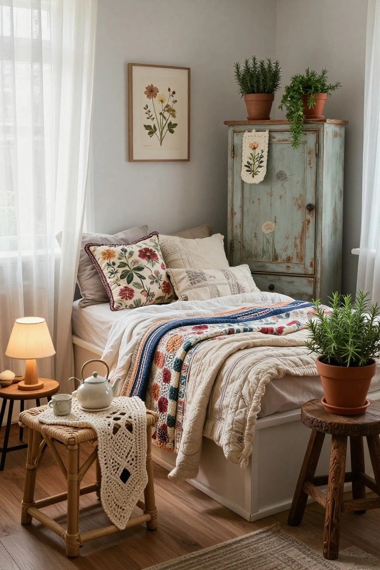 Cozy bedroom corner with a single bed covered in layered quilts and pillows, potted rosemary plants, a small rattan table holding a teapot and cup next to a lamp, a distressed turquoise wooden cabinet, and sheer curtains on windows.