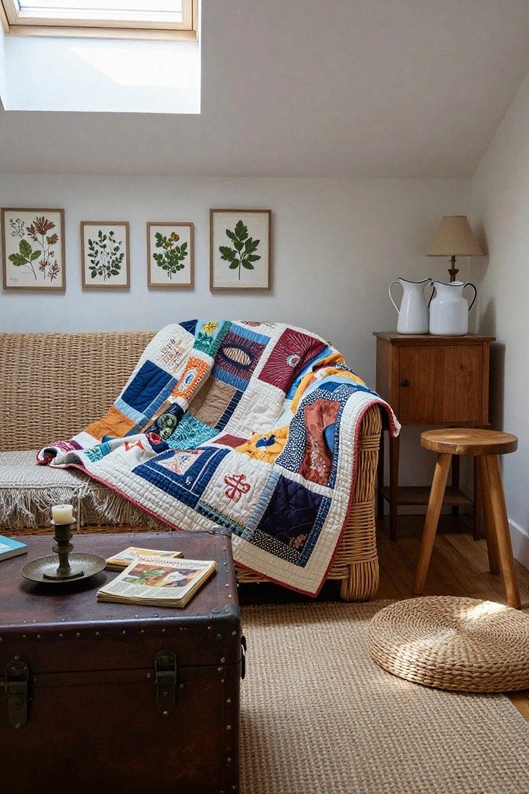 Attic living room with a wicker sofa draped in a multicolored patchwork quilt, leather trunk coffee table, framed botanical prints on white walls, wooden cabinet, and skylight.
