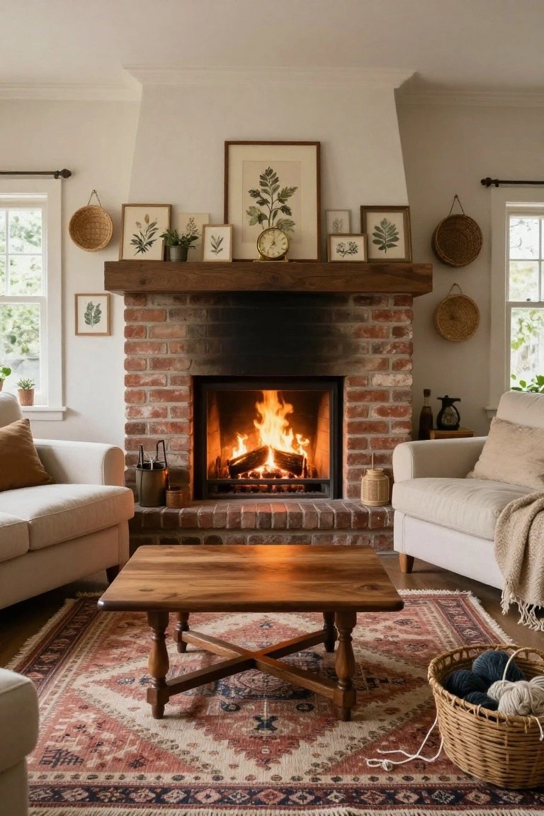 Living room with central brick fireplace under wooden mantel holding botanical frames, clock, and plants, beige sofas, wooden coffee table, patterned rug, and wicker baskets.