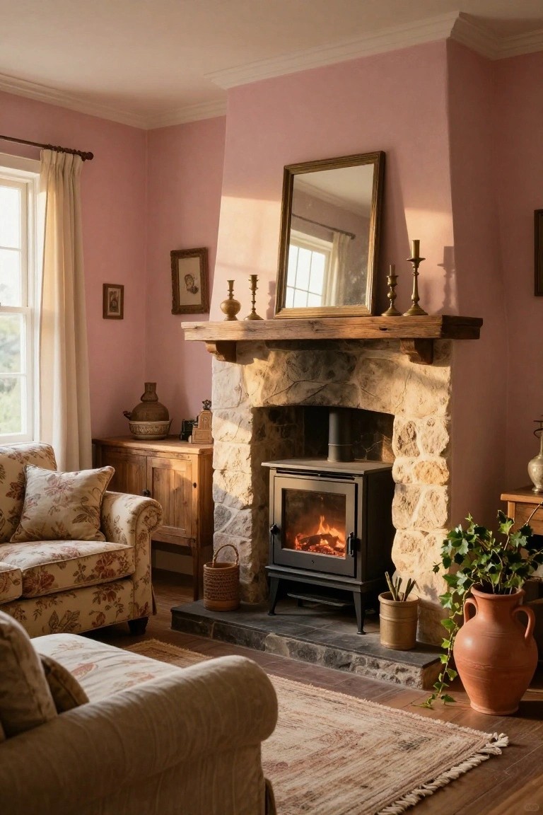 Living room with pink walls, stone fireplace enclosing a lit wood-burning stove, wooden mantel with mirror and candlesticks, floral sofa, wooden cabinets, and potted plants.