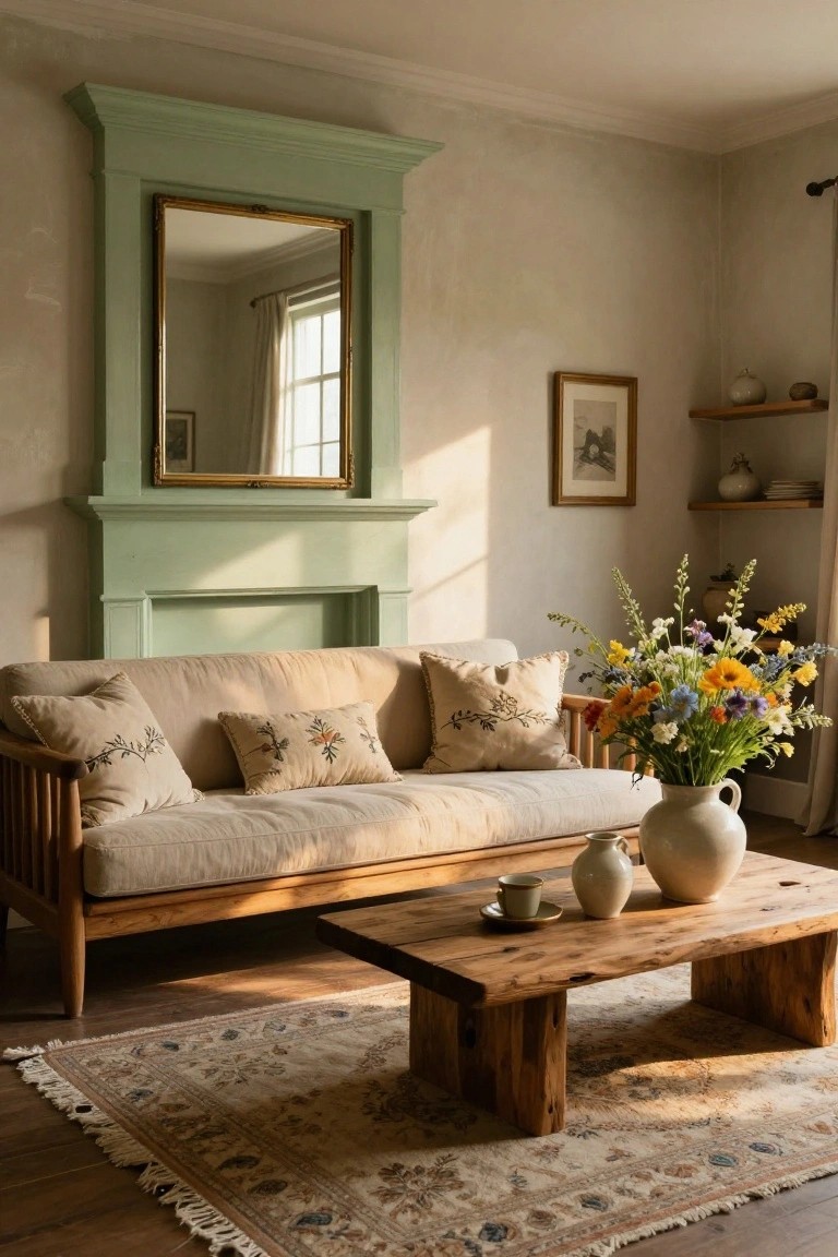 Living room with sage green painted fireplace surround and gold-framed mirror above, cream linen sofa with embroidered pillows, wooden coffee table holding teacup and pottery, large vase of wildflowers, and patterned rug on wood floor.