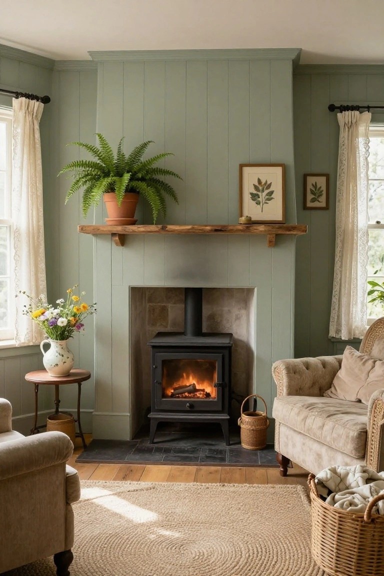 Living room with sage green vertical paneled walls, wood-burning stove in brick surround, wooden mantel shelf holding fern plant and framed botanical prints, cream armchair, side table with flower vase, seagrass rug, and wicker baskets.
