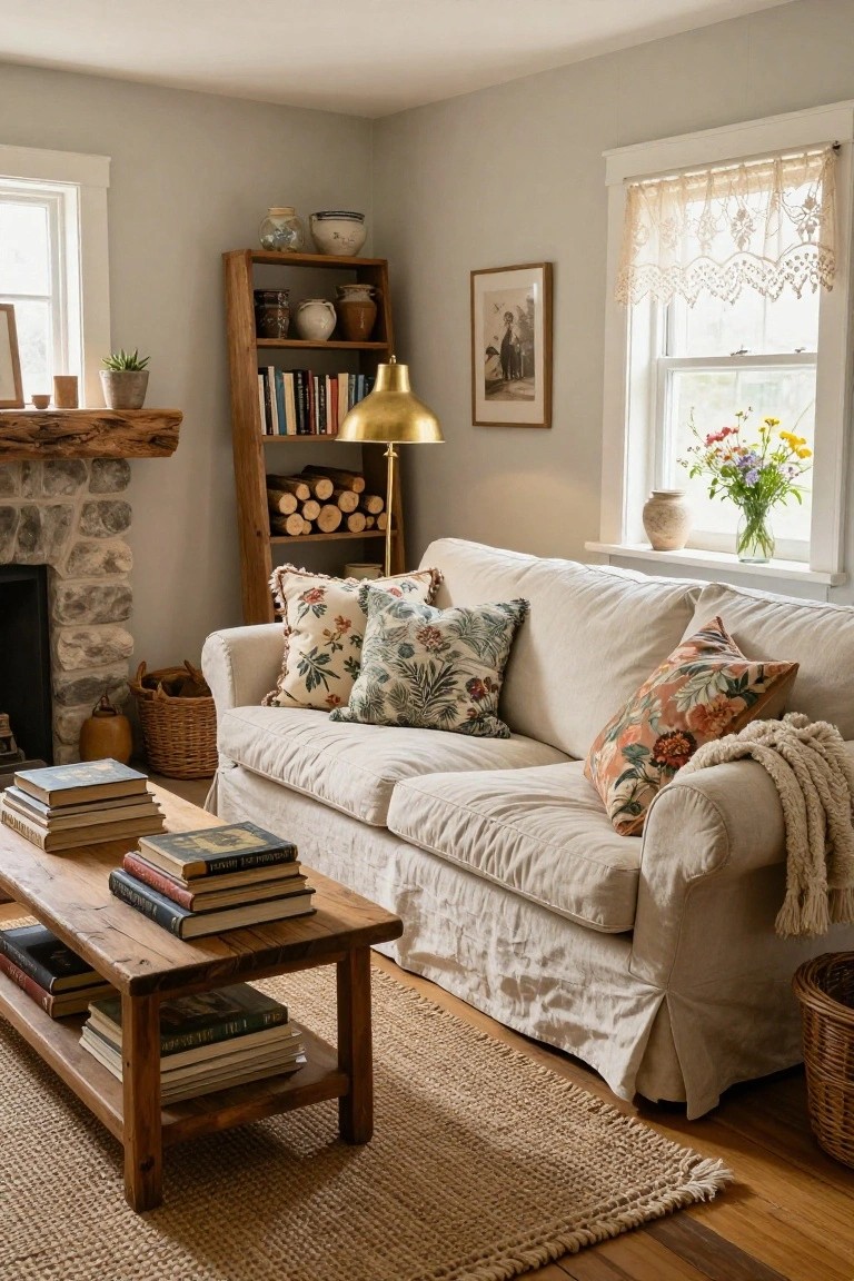 Cozy living room corner with cream slipcovered sofa topped by assorted floral pillows and knit throw, rustic wooden coffee table stacked with books, stone fireplace, wooden bookshelves, and soft natural light from windows.