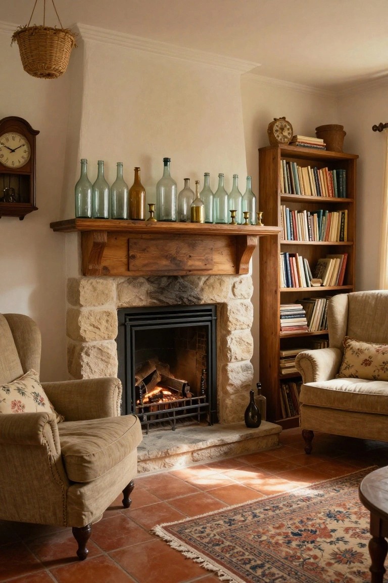 Cozy living room with rustic stone fireplace, wooden mantel holding vintage glass bottles and candles, wooden bookshelves, two beige armchairs, and terracotta tile floor.