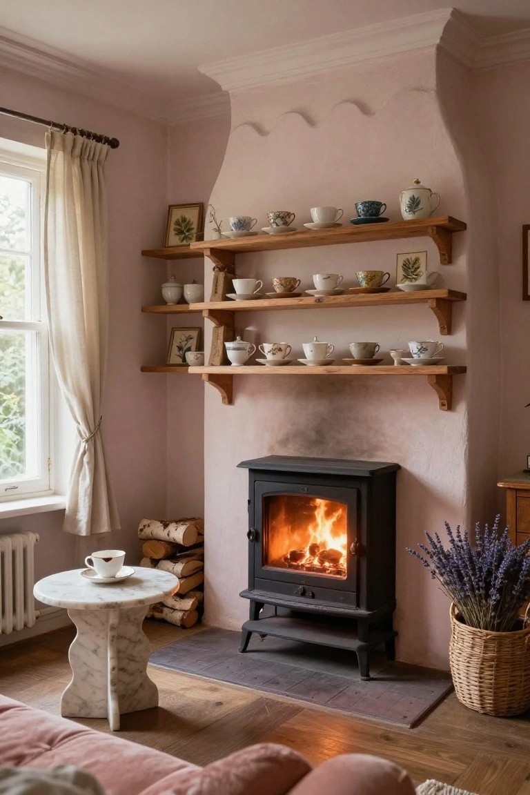 Pink-walled living room corner with wooden open shelves displaying assorted teacups, saucers, and pottery, a lit black wood-burning stove below, marble side table holding a teacup, basket of lavender, and edge of pink sofa.