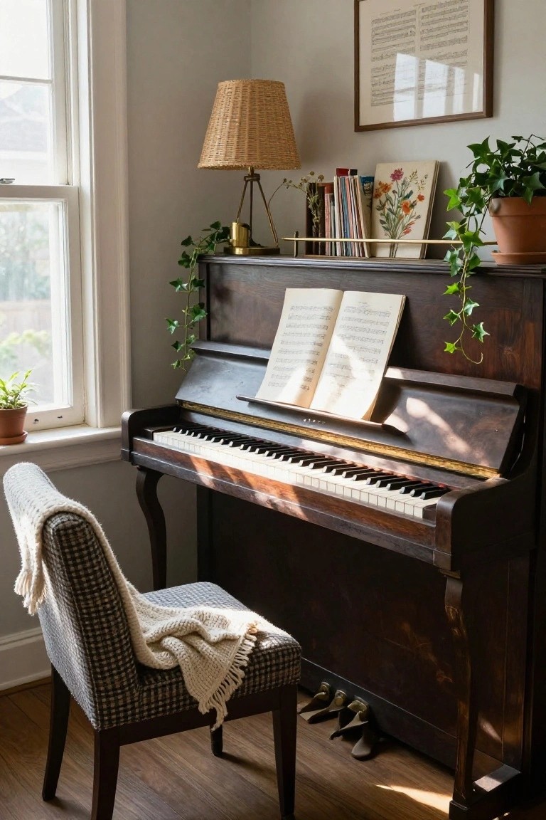 A sunlit corner of a living room with a wooden upright piano draped in ivy plants, open sheet music on the stand, books and a potted plant on a shelf above, a checkered chair with a white throw blanket, and a window showing greenery outside.