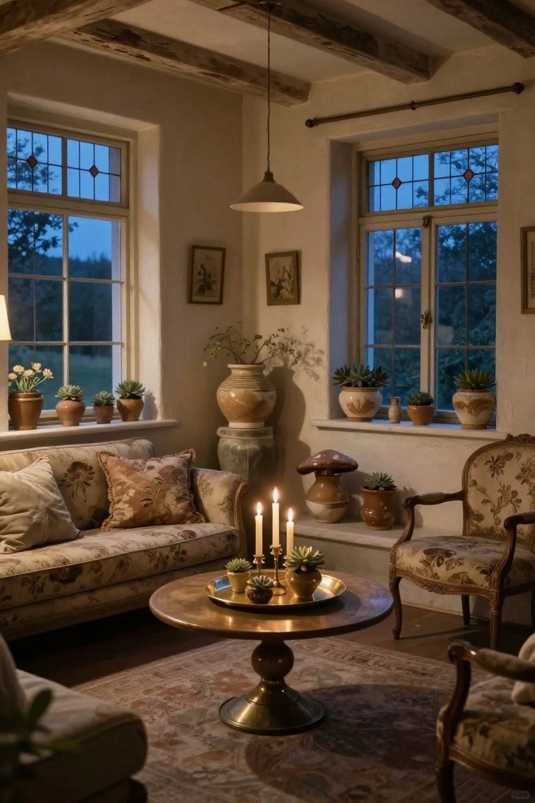 Cozy living room corner with floral-upholstered sofa and antique armchair, brass pedestal table holding candles and potted succulents, windowsills lined with terracotta pots of plants and flowers, wooden beams overhead, viewed at dusk through large multipane windows.