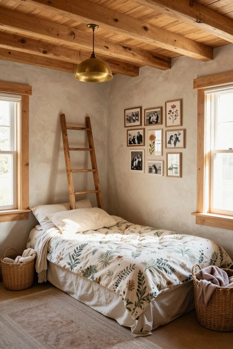 Cozy bedroom corner with exposed wooden beam ceiling, tall leaning wooden ladder holding assorted picture frames against beige plaster walls, low platform bed with white botanical quilt and pillows, two wicker baskets on wood floor, two windows with wooden frames.