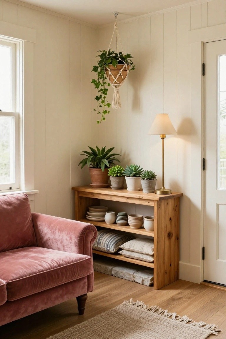 Corner of a living room with pink velvet sofa, open wooden shelving unit holding potted plants, ceramic pots, white plates, linens, brass table lamp, hanging ivy in macrame, against white shiplap walls with window and door.