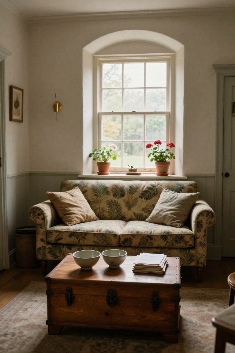Cozy living room corner with a beige floral-patterned sofa, wooden trunk coffee table topped with white bowls and stacked papers, potted plants on the sill of a tall arched window, pale walls with green trim, and a woven rug on wood floors.