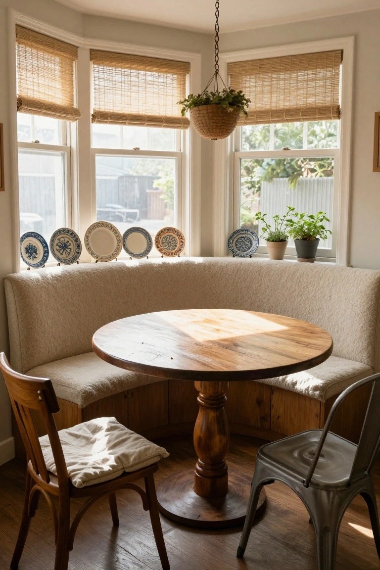 Bay window dining nook with curved upholstered banquette, round wooden table on pedestal base, wooden chair with white cushion, metal chair, decorative plates on window sill, potted plants, and hanging basket.