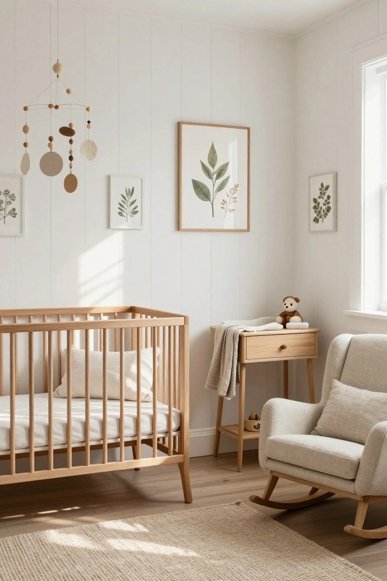Sunlit nursery room with white paneled walls, wooden crib with white bedding, wooden changing table holding a teddy bear and blanket, wooden rocking chair, botanical leaf prints in frames, and wooden mobile overhead on light wood floors.