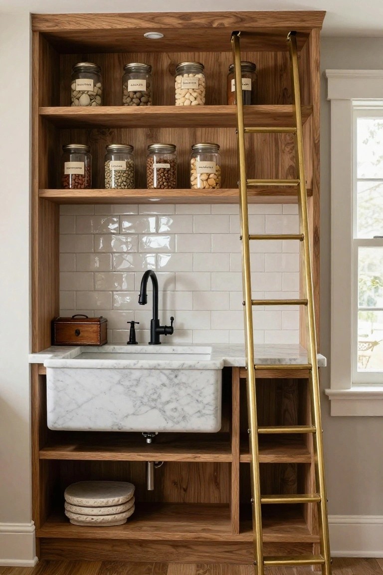 Tall oak built-in pantry cabinet with brass sliding ladder, shelves holding labeled glass jars of beans nuts and grains, white subway tile backsplash, black faucet on white marble farmhouse sink, wooden floors.