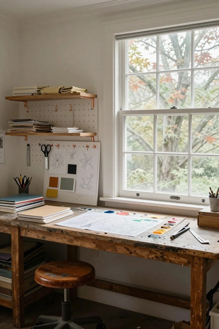 A home artist's studio with a rustic wooden workbench covered in sketches and paints, copper pipe shelving and pegboard wall holding books and tools, and a large window showing trees outside.