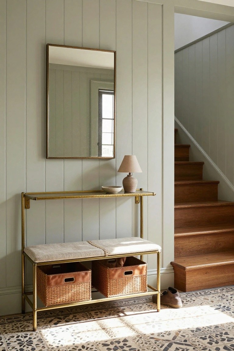 Gold metal entryway bench with cushioned seat, two wicker baskets with leather trim underneath, shelf above holding a lamp and ceramic bowl, next to a rectangular mirror and wooden stairs in a pale green paneled hallway with terracotta tile floor.