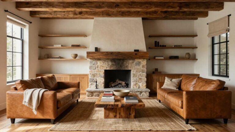Living room with two tan leather sofas facing each other across a low wooden coffee table in front of a stone fireplace under exposed wooden beam ceiling, seagrass rug, and curtained windows on wood floors.