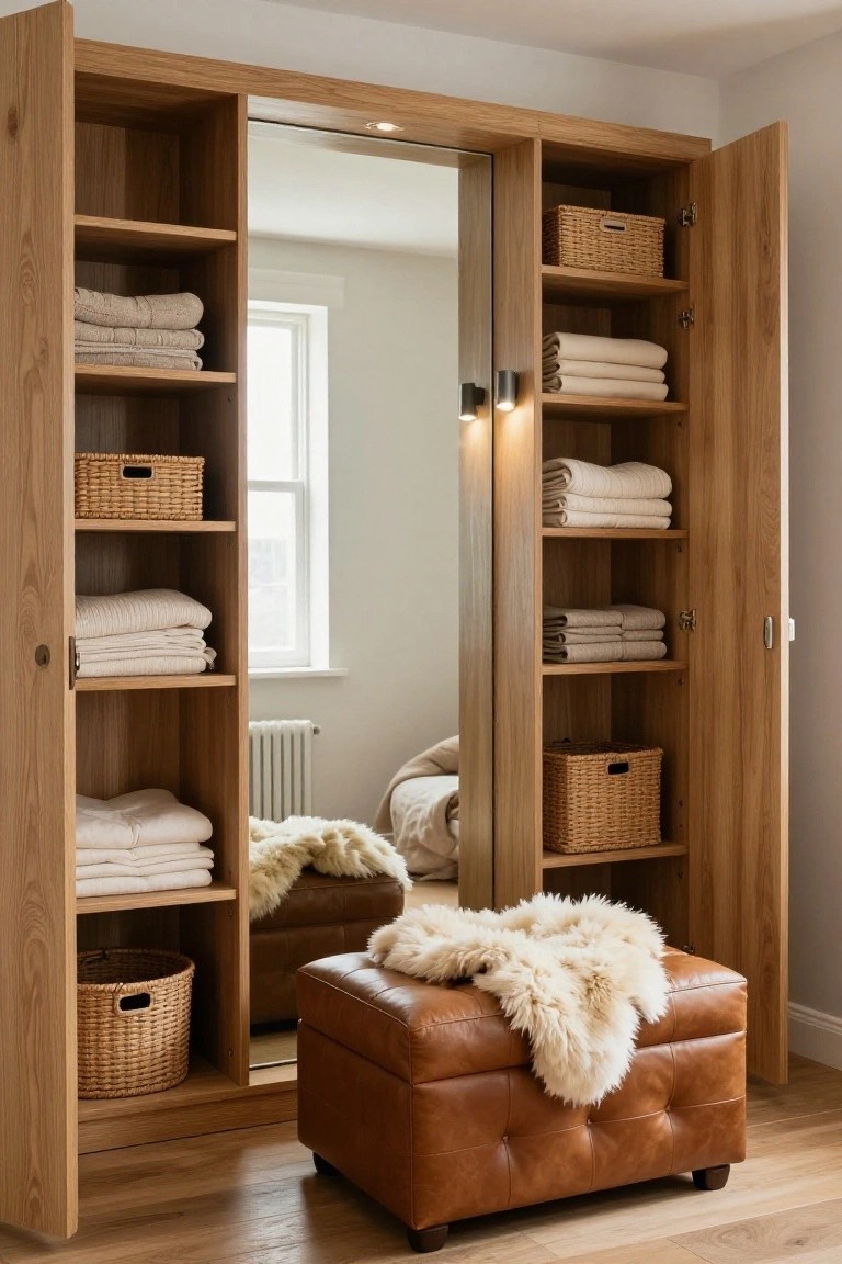 Open oak wardrobes with shelves holding folded white linens and wicker baskets flank a central full-length mirror, with a brown leather ottoman covered in a sheepskin throw in front on a wooden floor.