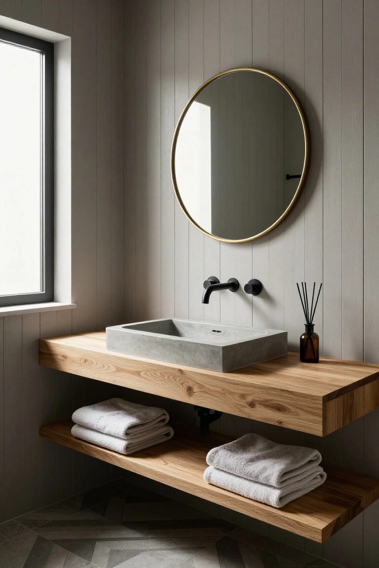 Bathroom with gray shiplap walls, floating wooden vanity shelf holding a rectangular concrete sink, black wall faucet, gold round mirror, reed diffuser, and stacked white towels on lower shelf over patterned tile floor.