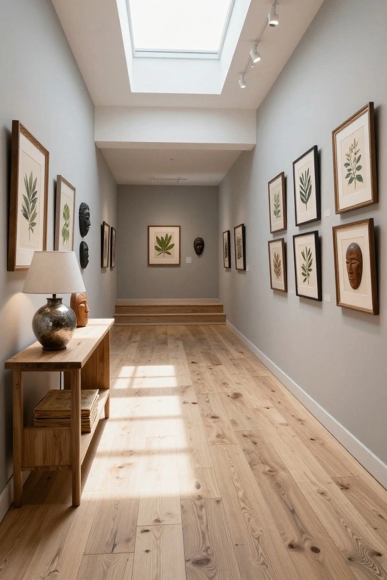 Long narrow interior hallway with light gray walls displaying multiple framed botanical prints and wooden masks, oak flooring, skylight ceiling with track lights, rustic wooden console table holding a lamp and books near wooden stairs.