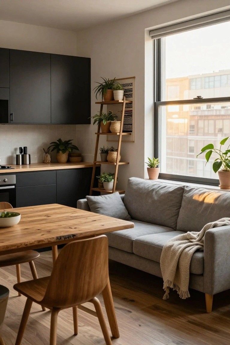 Modern open-plan kitchen and living area with matte black cabinets, wooden dining table and chairs, gray sofa by a large window, and a tall wooden ladder shelf holding multiple potted plants.