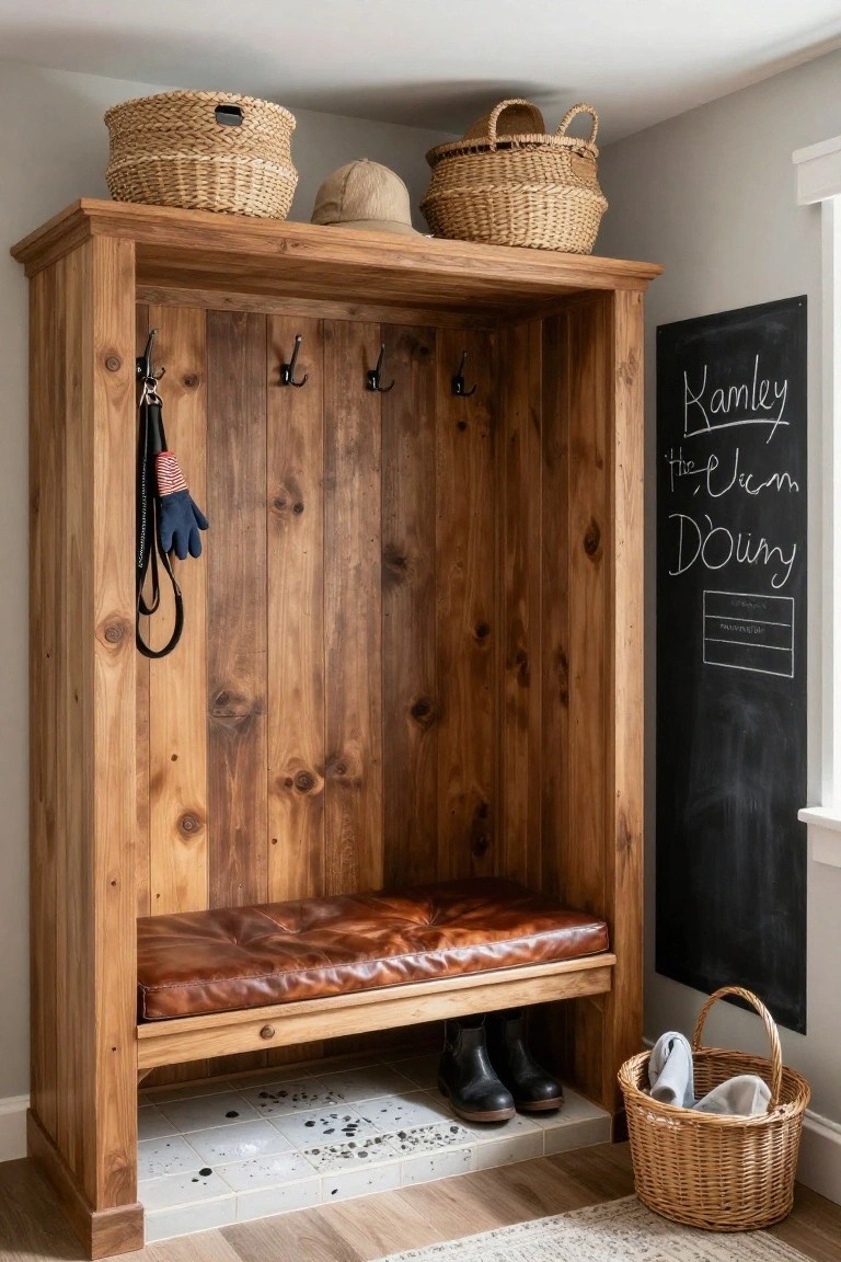 Wooden cabinet-style entryway unit with coat hooks, hanging keys and gloves, leather bench seat, boots underneath, baskets on top and side, and chalkboard sign nearby on a tiled floor.