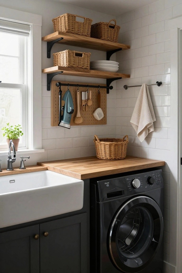 Laundry room with white farmhouse sink on wood countertop next to black front-load washer, open oak shelves holding wicker baskets, pegboard wall with ironing board and utensils, and white subway tile backsplash.
