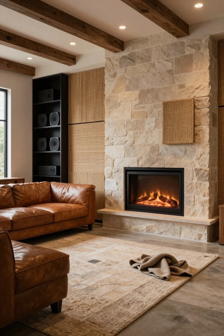 Modern rustic living room with light beige stacked stone wall around a black-framed electric fireplace, brown leather L-shaped sofa, black shelving with speakers, wood beam ceiling, woven wall hanging, and beige rug on polished concrete floor.