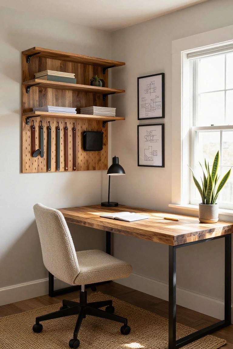 Corner home office with wooden desk on black metal legs, cream upholstered chair, wall-mounted wooden shelves above a pegboard with leather straps holding tools, desk lamp, plants, and artwork near a window.
