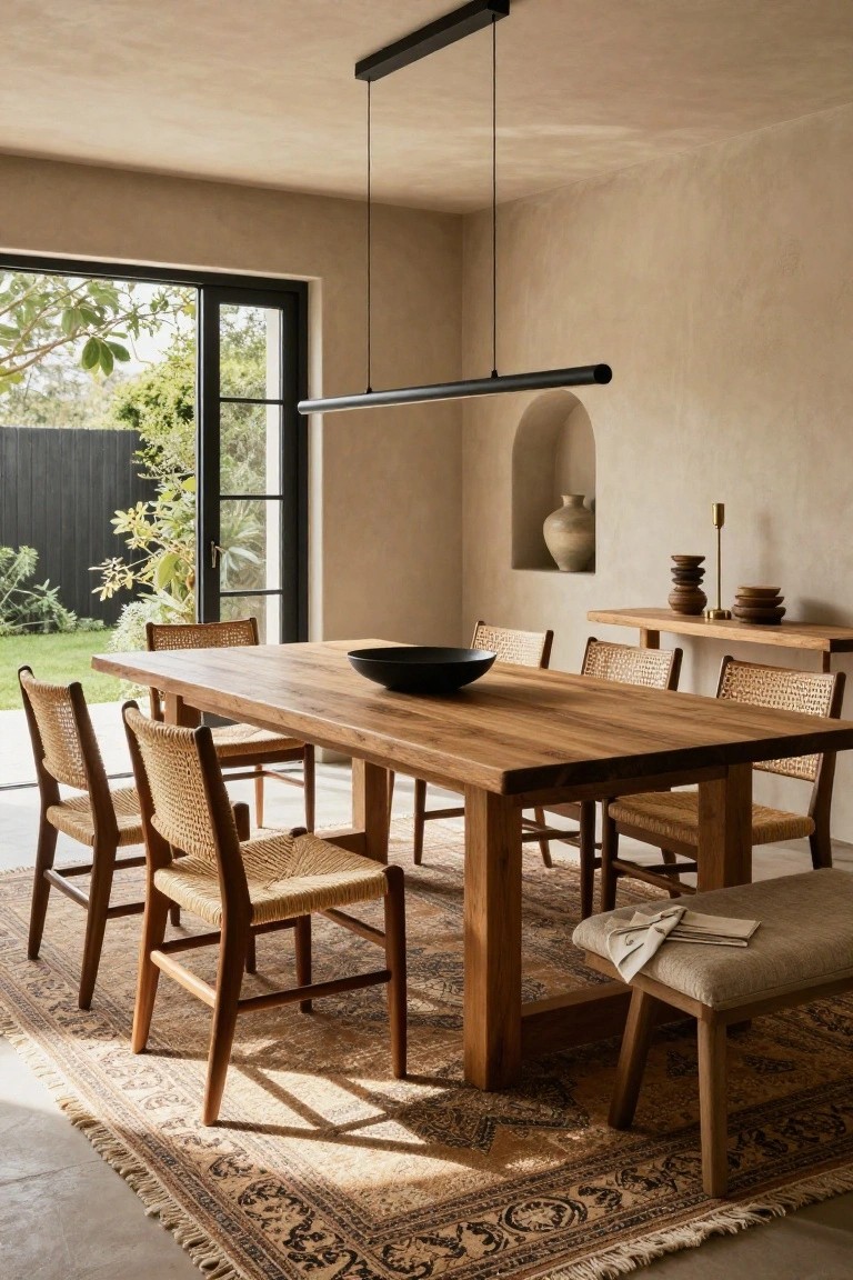 A dining room with a long rectangular wooden table surrounded by rattan chairs and a wooden bench at one end, neutral beige walls with an arched niche containing pottery, a wooden sideboard, black-framed doors to a garden, a black linear pendant light overhead, and a patterned rug on the terracotta tile floor.