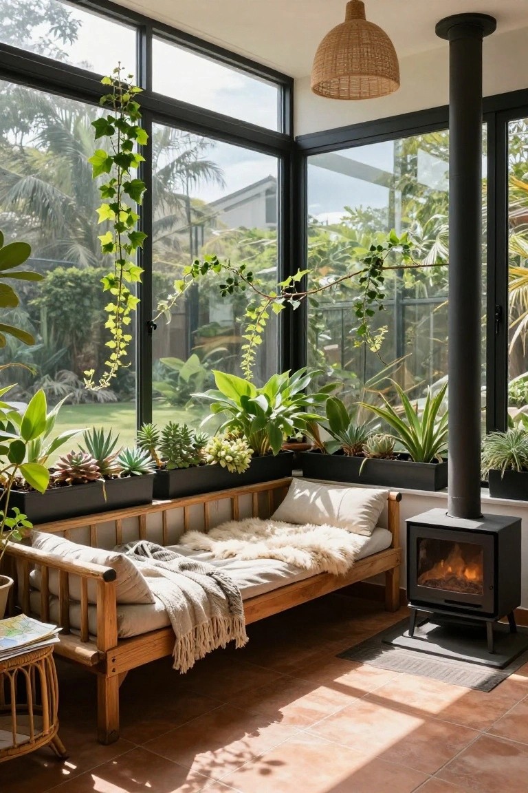 Wooden daybed with white bedding, pillows, throws, and sheepskin in a sunlit glass sunroom filled with potted plants on windowsills and shelves, next to a black freestanding wood-burning stove, with views of outdoor greenery through large black-framed windows.