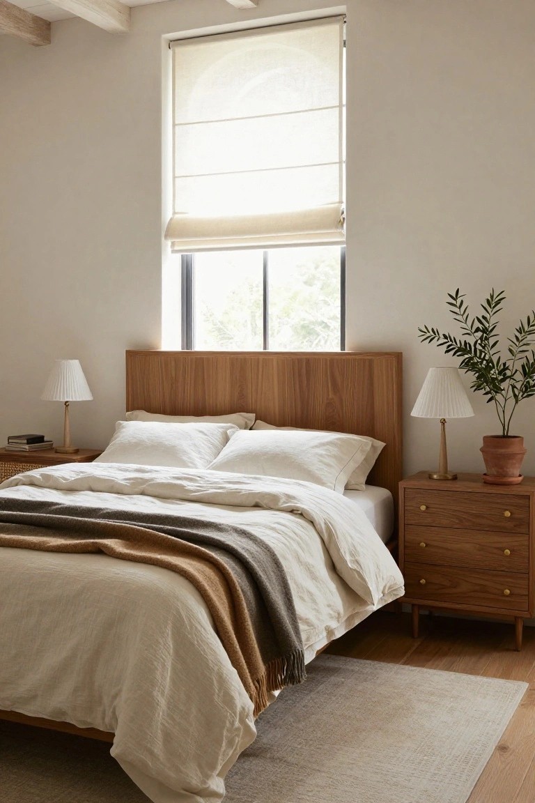 A bedroom featuring a wooden platform bed with white linen bedding and a tan throw, flanked by matching wooden nightstands with pleated lampshades, a potted olive plant, beige walls, a large window with roller shades, and light wood beams on the ceiling.