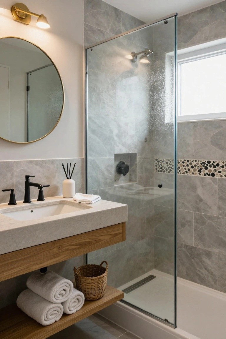 Modern bathroom with gray marble-patterned tile walls and shower enclosure, floating wooden vanity holding white towels and woven basket, black faucets over white sink, round gold mirror, and reed diffuser.