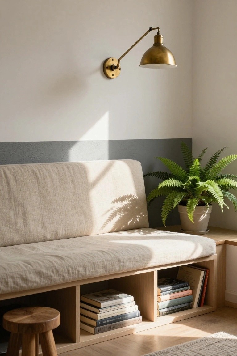 Sunlit interior corner featuring a beige linen-covered bench built atop open wooden bookshelves, with a brass wall lamp, potted fern, and wooden stool.