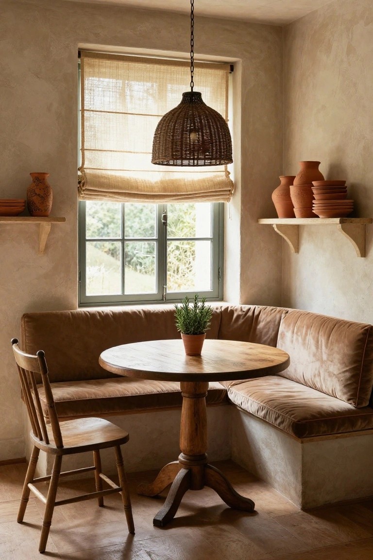 Cozy interior corner with beige velvet bench seating wrapping around a round wooden pedestal table, a wooden chair nearby, potted rosemary plant on the table, window with beige bamboo blinds, shelves holding terracotta pottery, rattan pendant lamp overhead, and textured beige walls.