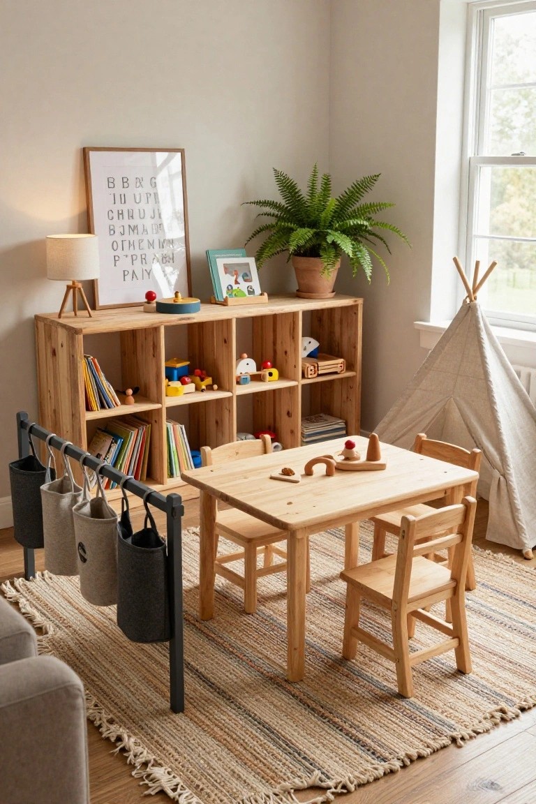 Indoor children's play area with wooden open shelving stocked with colorful books and toys, a small wooden table and two chairs, hanging gray fabric bags on a metal rod, a white teepee tent, potted fern, and picture frames against light beige walls near a window.