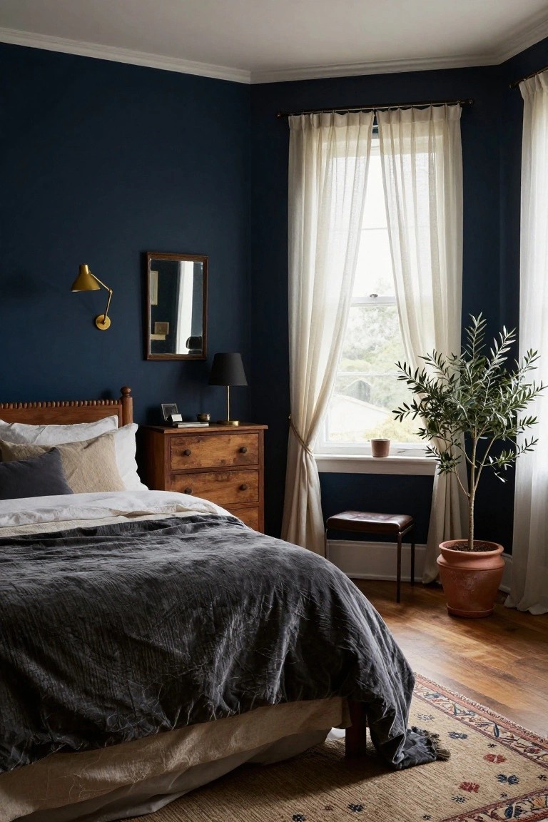 Corner of a bedroom featuring navy blue walls, a wooden bed with gray bedding, wooden dresser, black lamp, gold wall sconce, mirror, sheer curtains on two windows with an olive tree in a terracotta pot, leather stool, and patterned rug on wood floors.