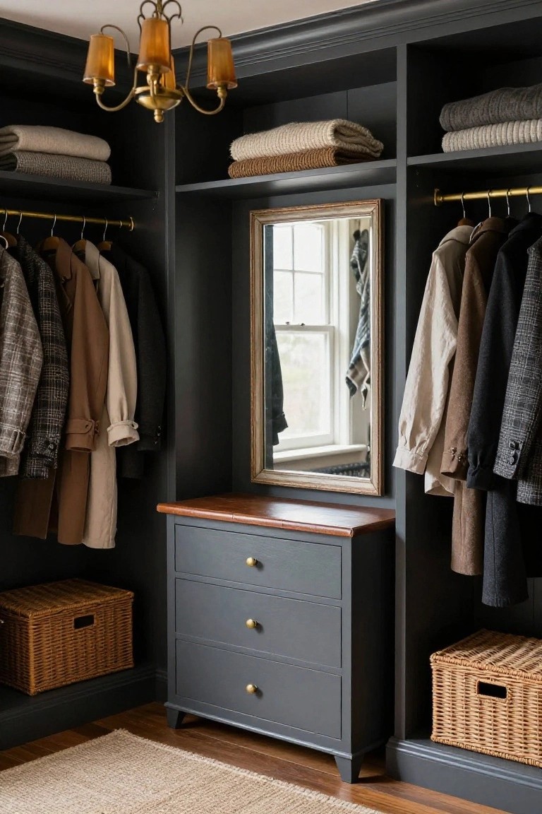 A walk-in closet with dark gray built-in shelving holding folded sweaters and blankets, brass hanging rods with various coats and jackets, a wood-topped gray dresser with mirror, wicker baskets, and a brass chandelier.