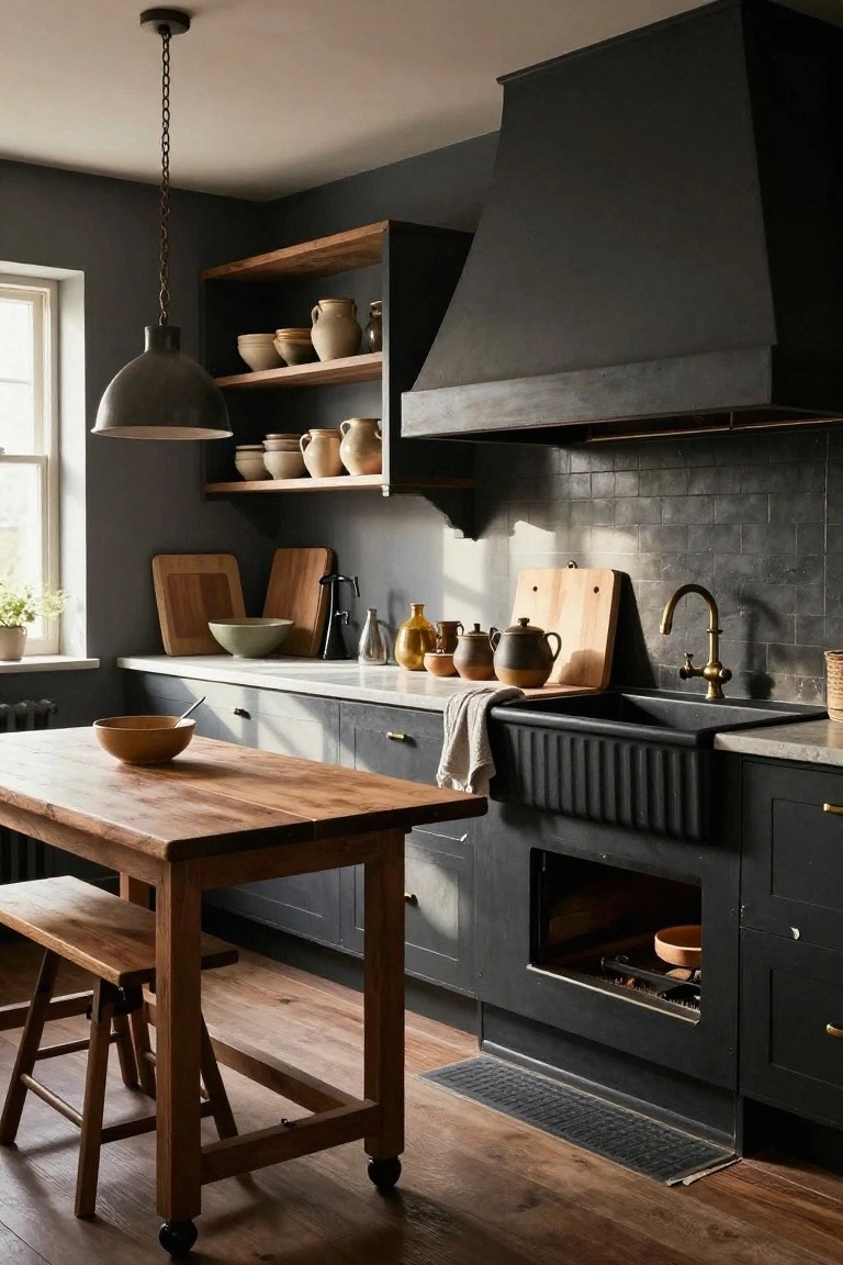 A cozy farmhouse kitchen with dark grey cabinets, black range hood, wooden open shelves stocked with pottery, brass faucet over a black farmhouse sink, and a wooden table with benches on hardwood floors.