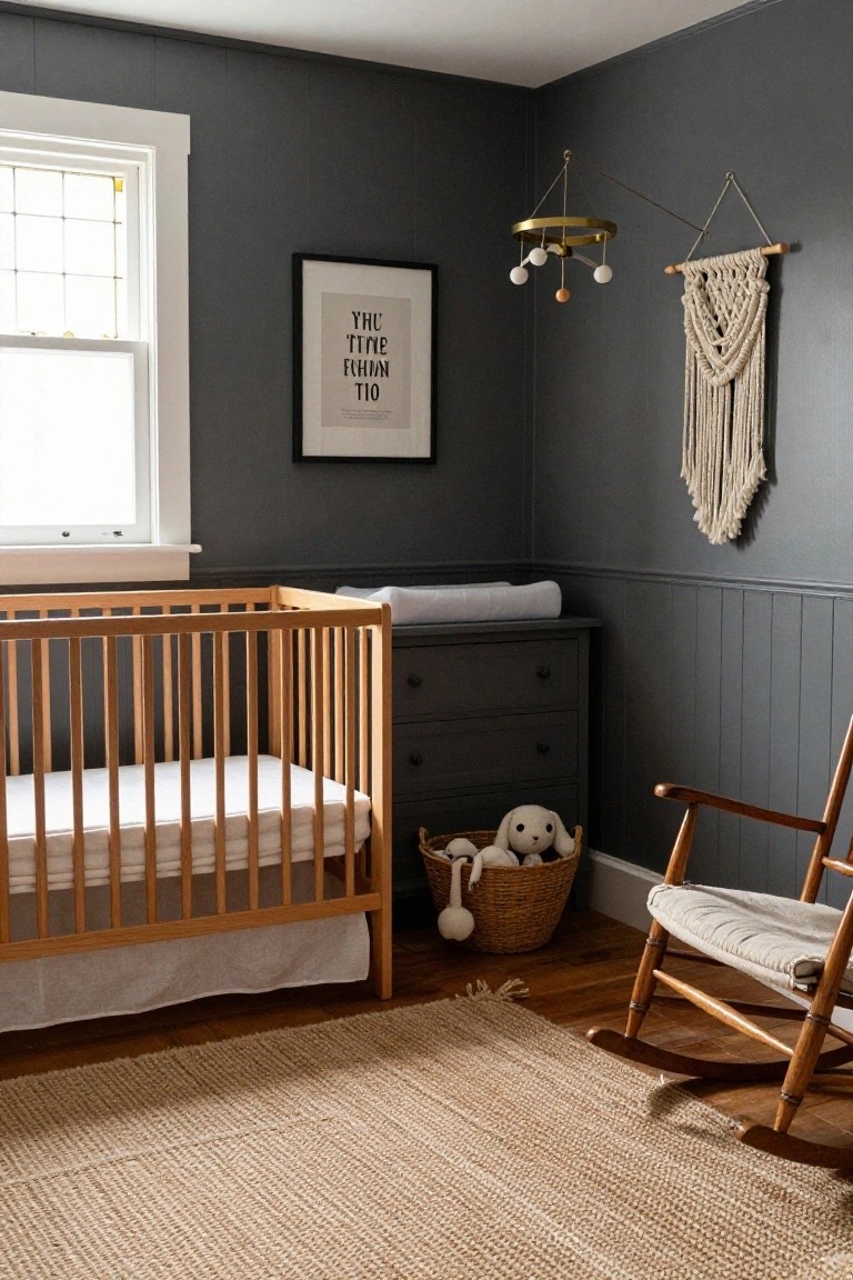 Nursery room with dark gray paneled walls, wooden crib with white mattress and skirt, gray wood dresser used as changing table, wooden rocking chair with cream cushion, basket of stuffed toys, macrame wall hanging, pendant light fixture, and seagrass rug on hardwood floors.