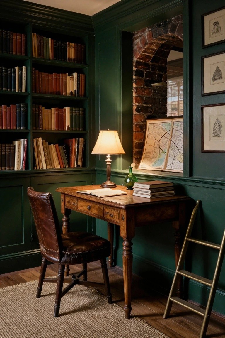 Study room featuring dark green paneled walls and built-in bookshelves filled with books, wooden desk with open papers, brown leather chair, brass lamp, green glass bottle, and arched brick alcove holding a folded map.